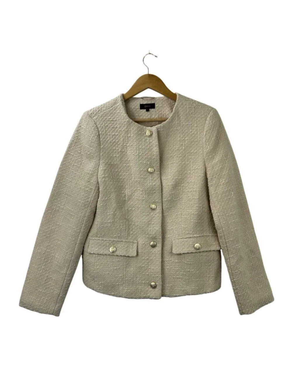 Quince Womens Size Large Stretch Tweed Collarless Jacket Ivory Coast Long Sleeve - Picture 3 of 16